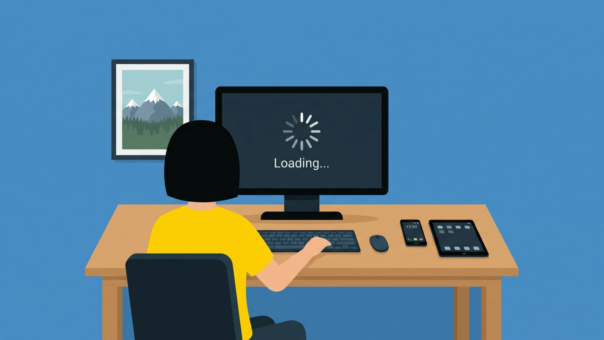An illustration of a person at a desk facing a computer monitor that shows a loading spinner screen