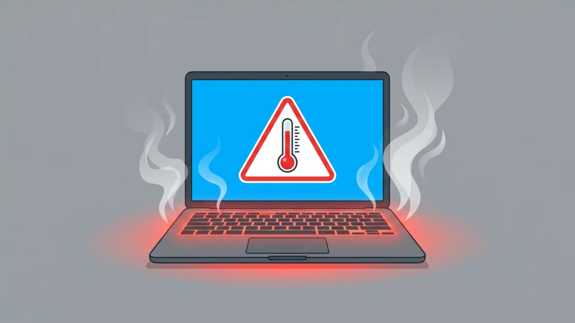 An illustration of an overheating laptop glowing red and emitting smoke with a thermometer warning icon