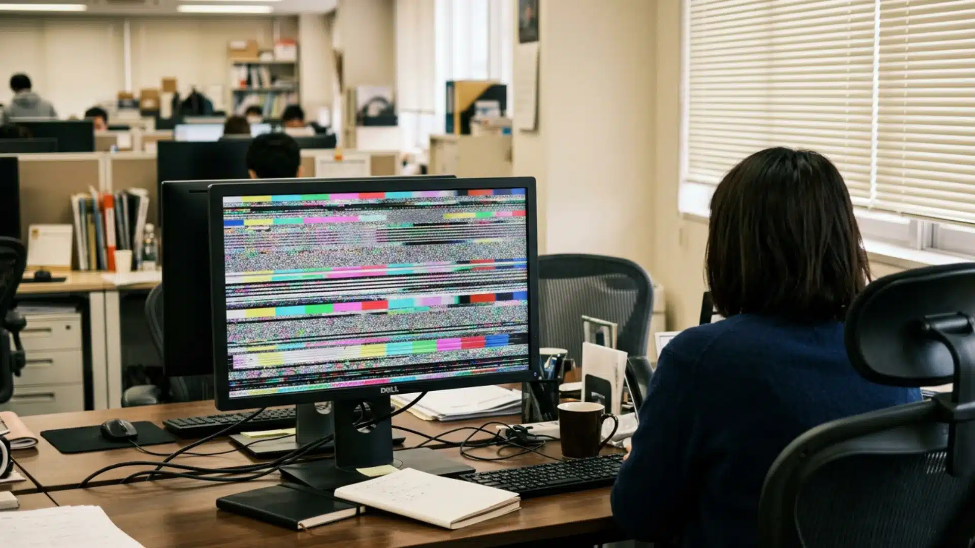 An office worker sits at a desk looking at a computer monitor that is displaying heavy static glitches