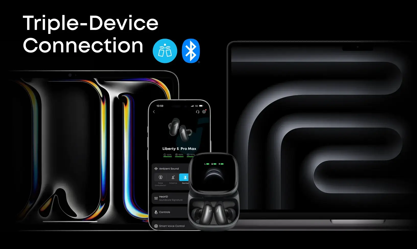 Wireless earbuds, smartphone, and laptop showcasing connectivity features under dark lighting