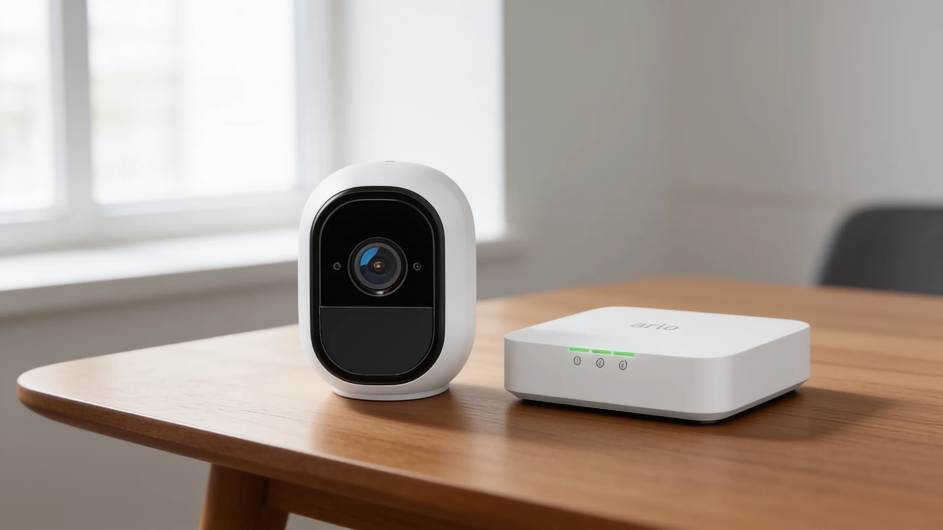 Arlo Pro security camera and base station on a wooden table in a clean indoor home setup