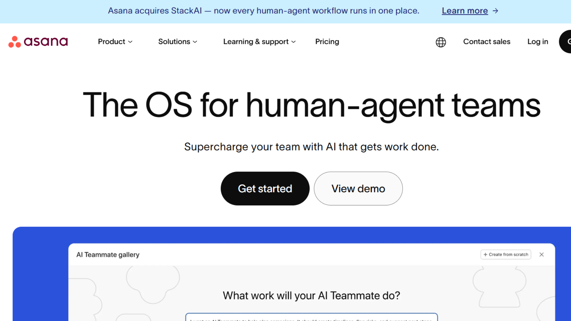 asana homepage promoting ai powered teamwork and workflow management platform