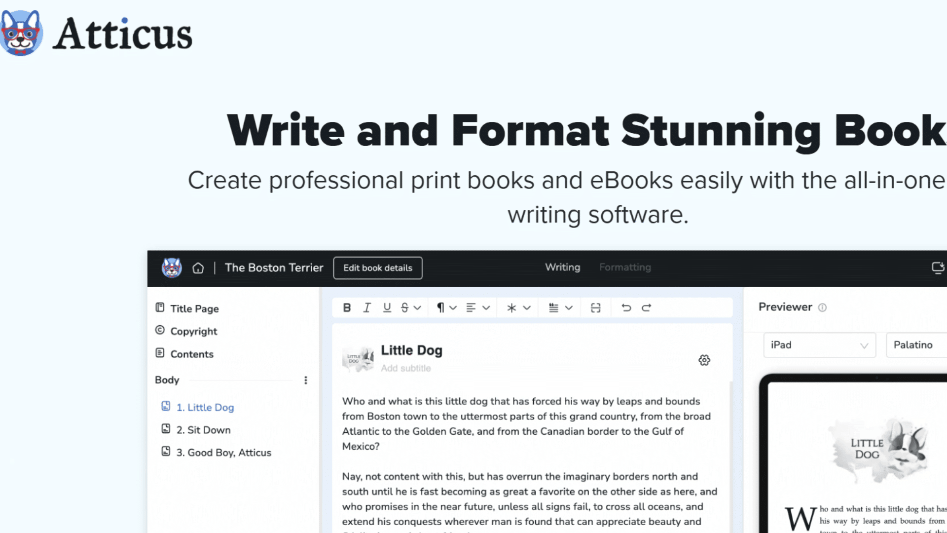 atticus homepage showcasing all in one book writing and formatting software with manuscript editing and ebook preview tools