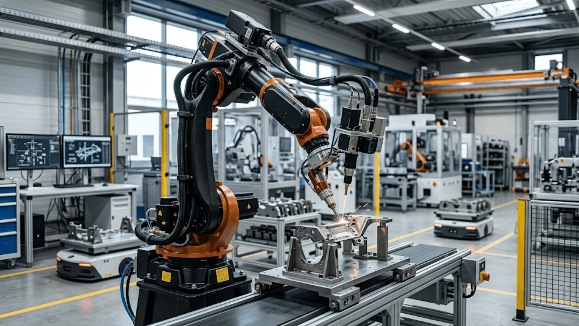 autonomous industrial robot welding metal components in a smart manufacturing facility with amrs nearby (1)
