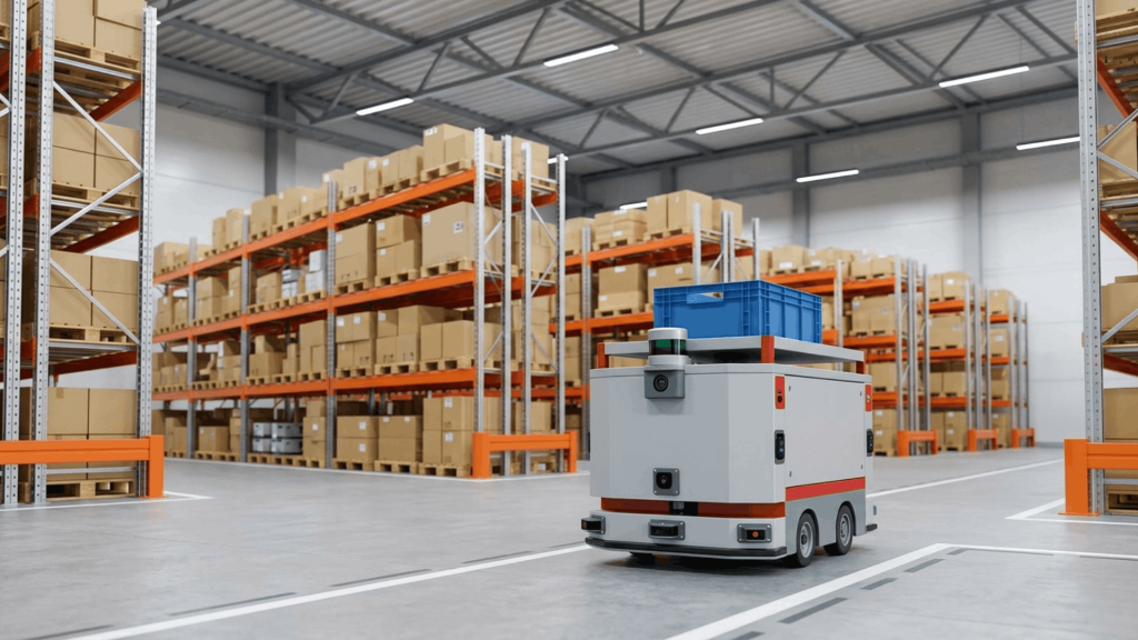 autonomous mobile robot transporting inventory through a modern warehouse with storage racks (1)