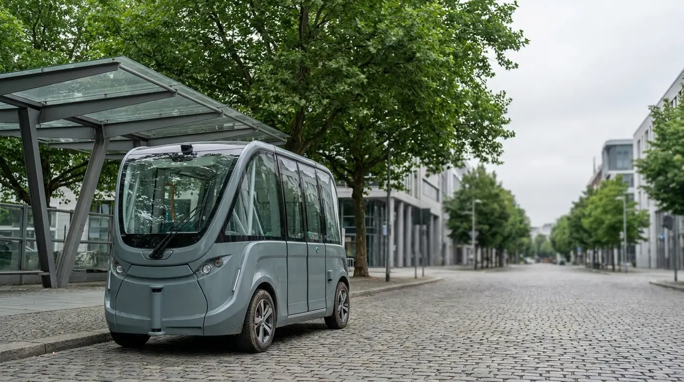 Autonomous shuttle parked on cobblestone street in modern urban environment with trees and glass canopy