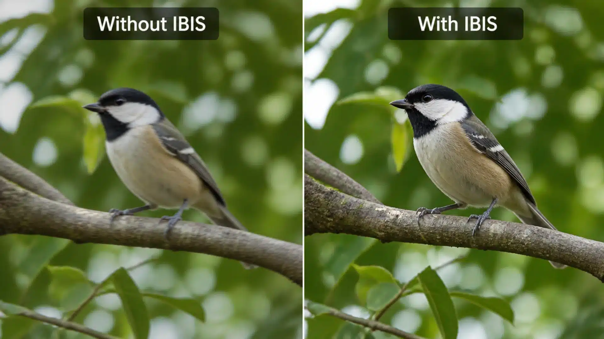 Bird photo comparison showing blur without IBIS and sharper result with IBIS