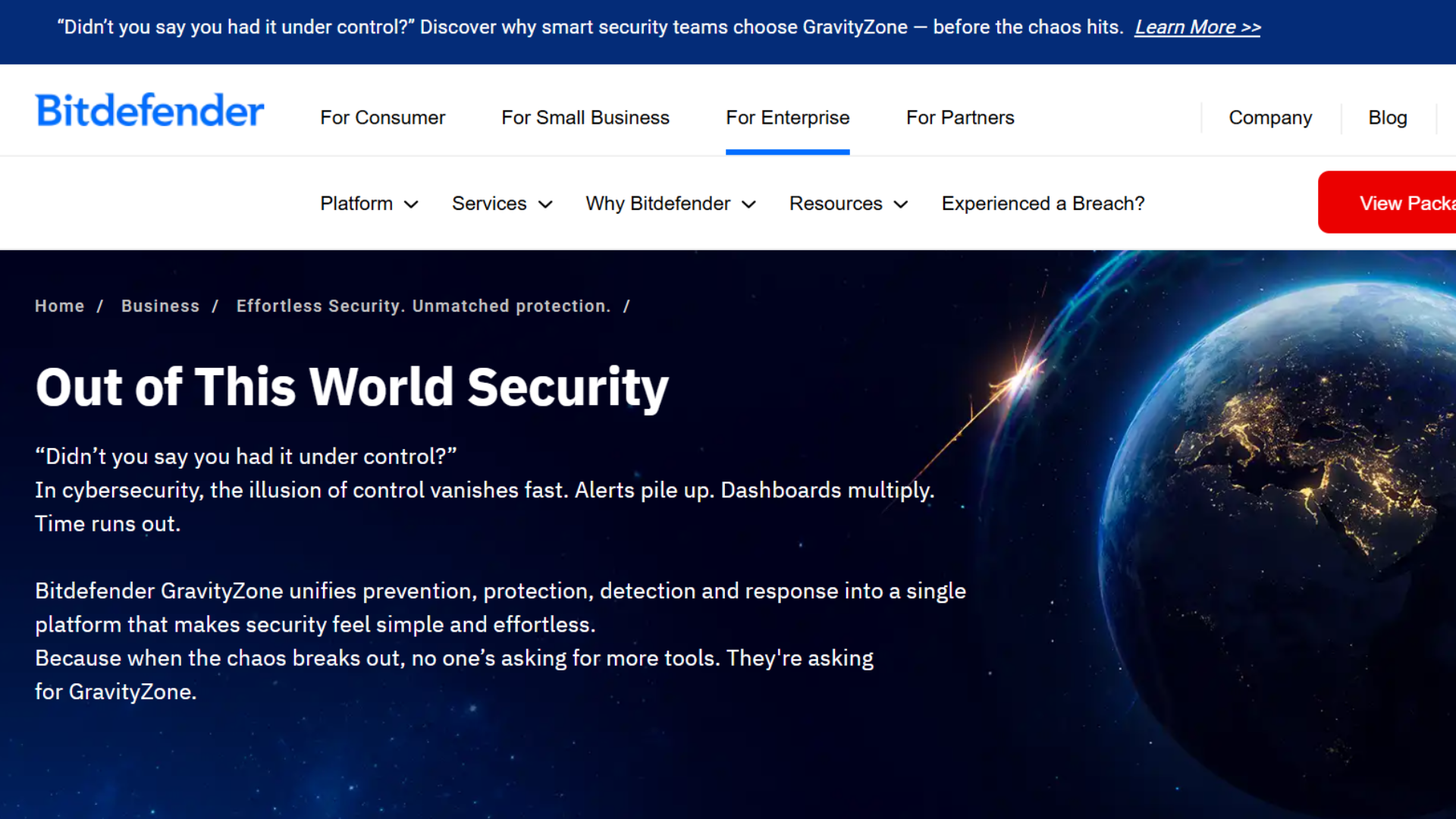 bitdefender security platform page promoting enterprise cybersecurity solutions