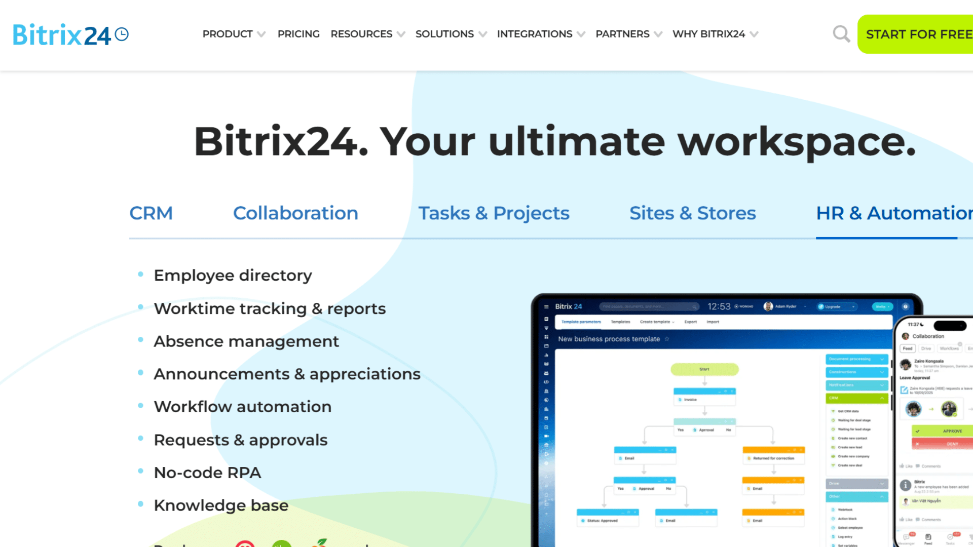 bitrix24 workspace platform page featuring hr automation and workflow tools