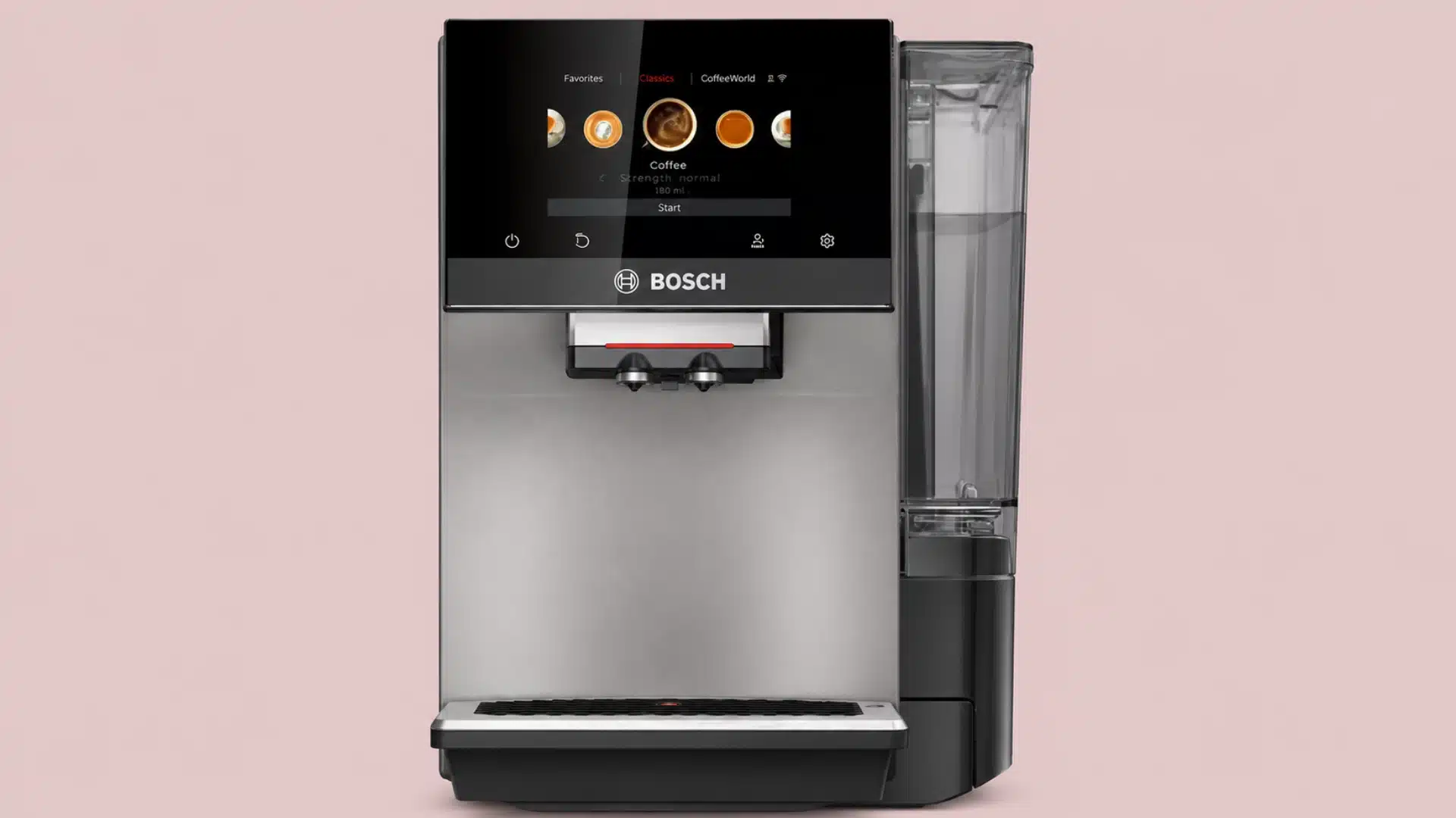 Bosch automatic espresso machine with touchscreen display and water tank on pink background