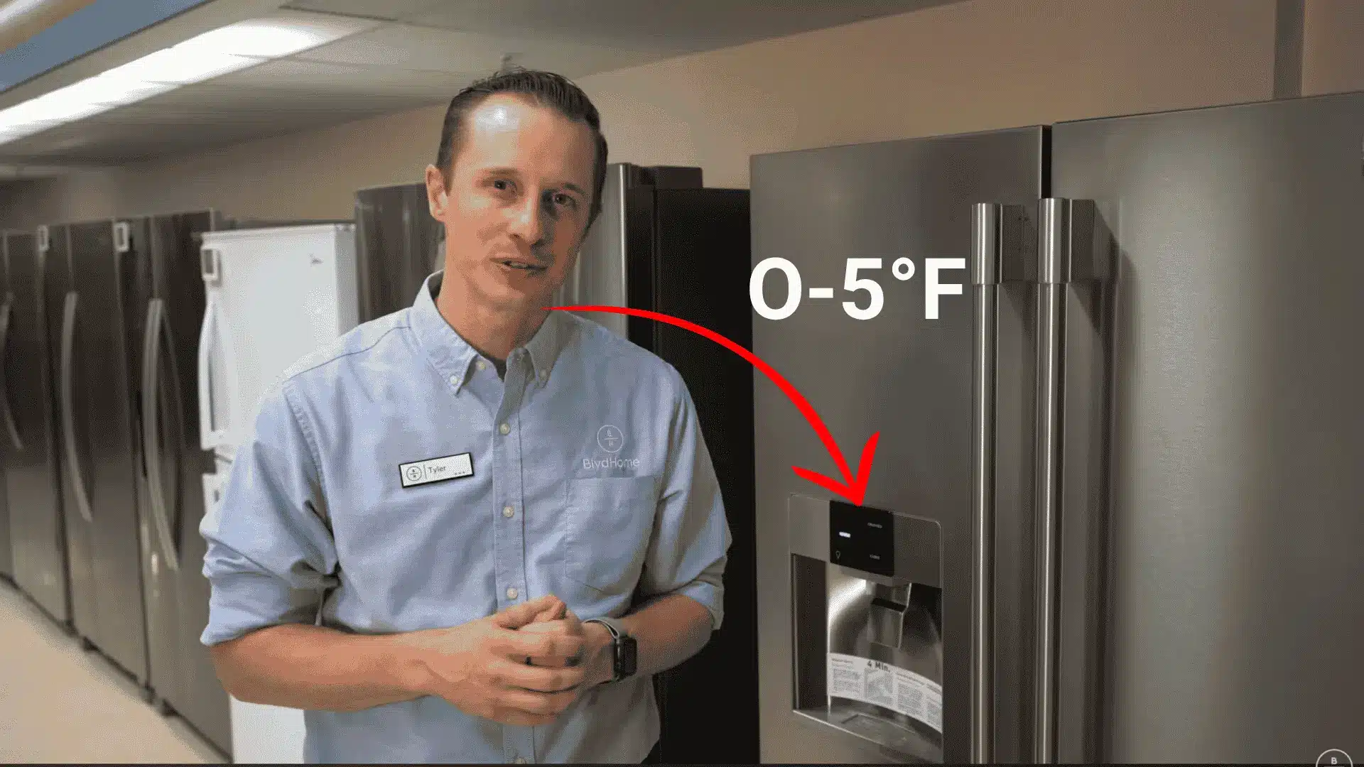 BoulevardHome technician demonstrating the recommended 0 degrees Fahrenheit freezer setting for a Frigidaire ice maker