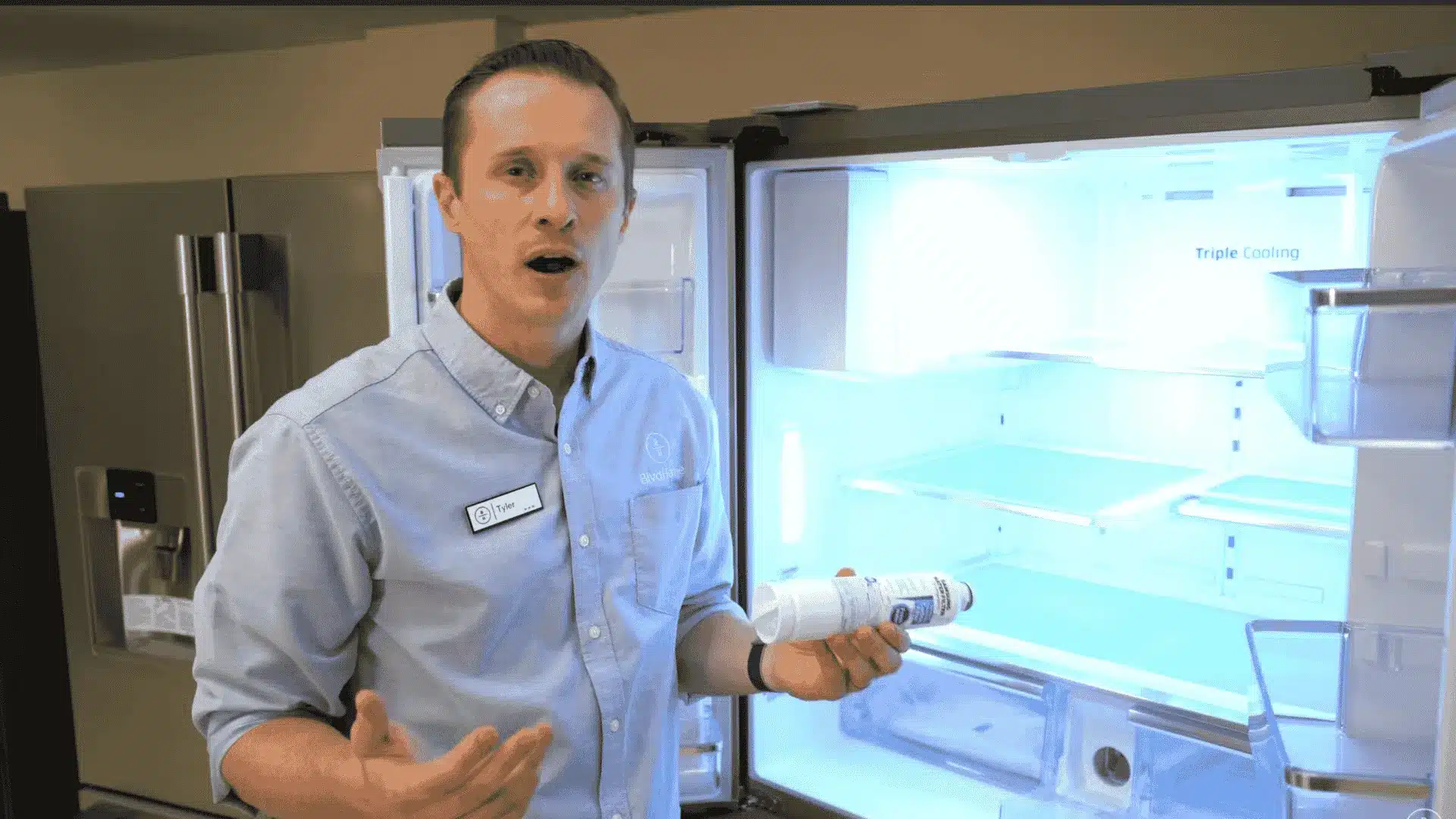 BoulevardHome technician explaining refrigerator water filter replacement and six month maintenance schedule