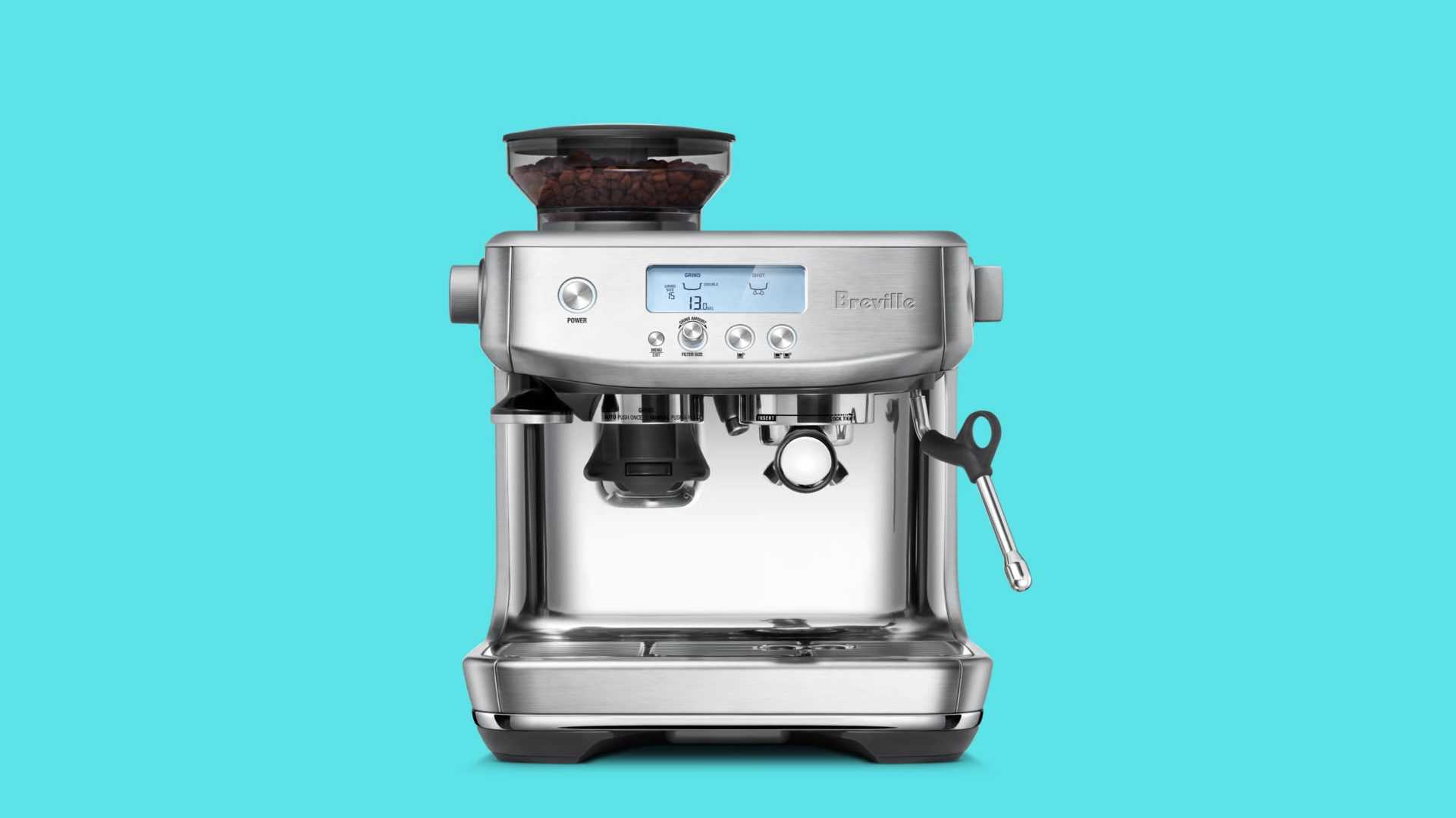 Breville Barista Pro espresso machine with built in grinder and steam wand display