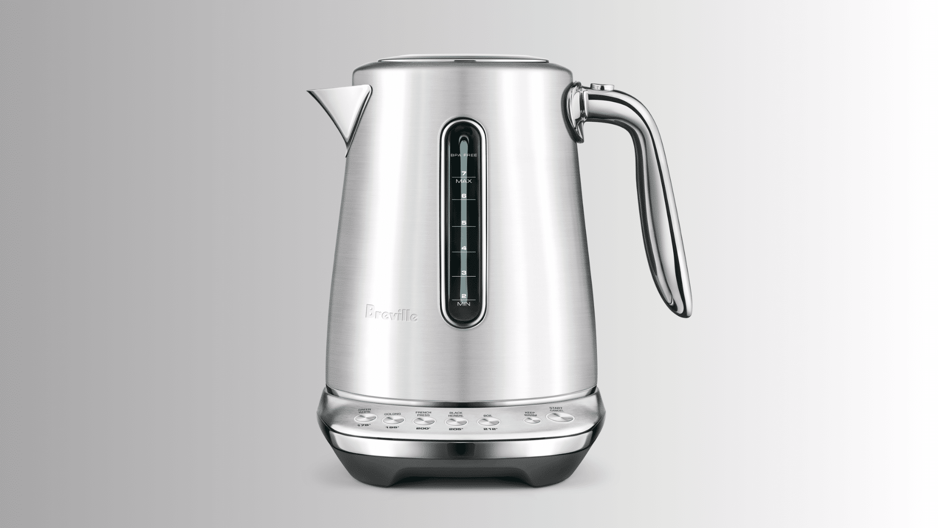 breville stainless steel electric kettle with water level window temperature presets and keep warm feature