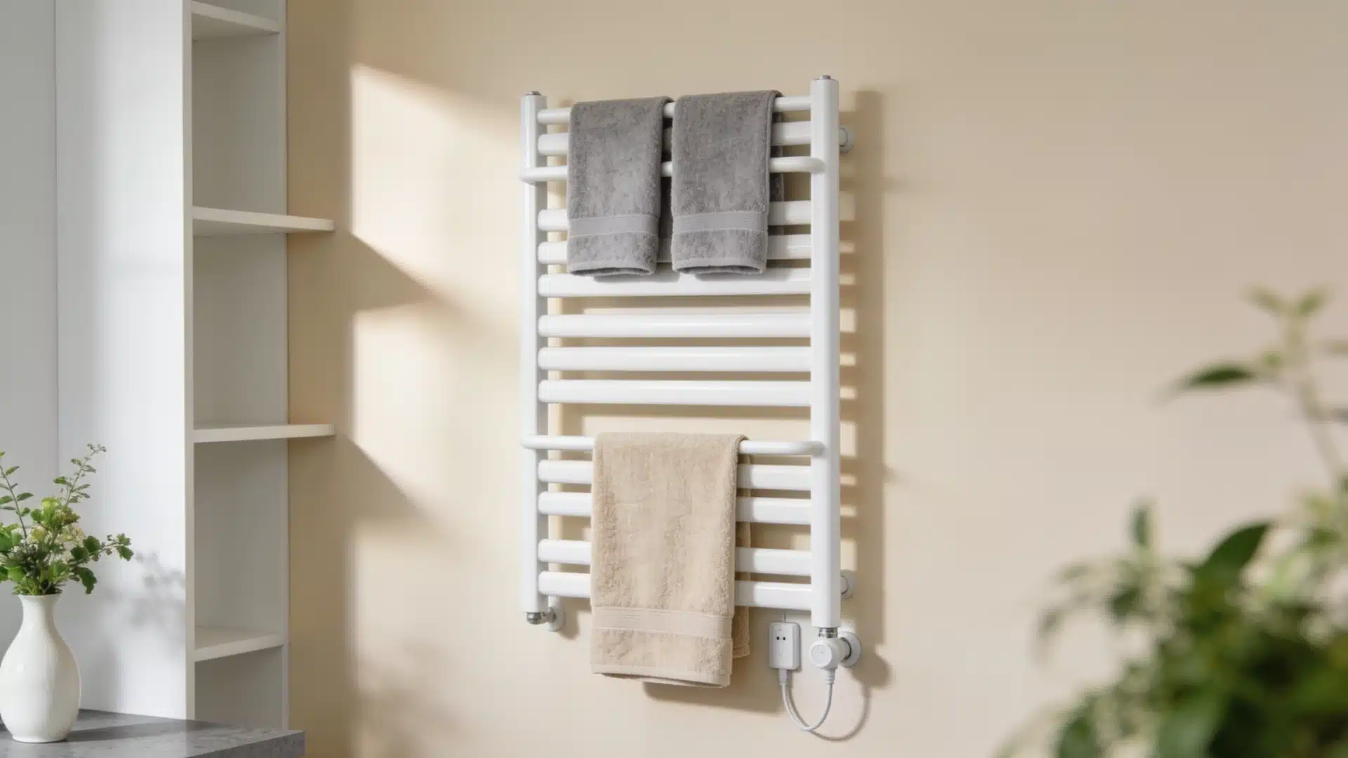 Brushed nickel smart towel warmer mounted on a bathroom wall with a white towel draped over the rail