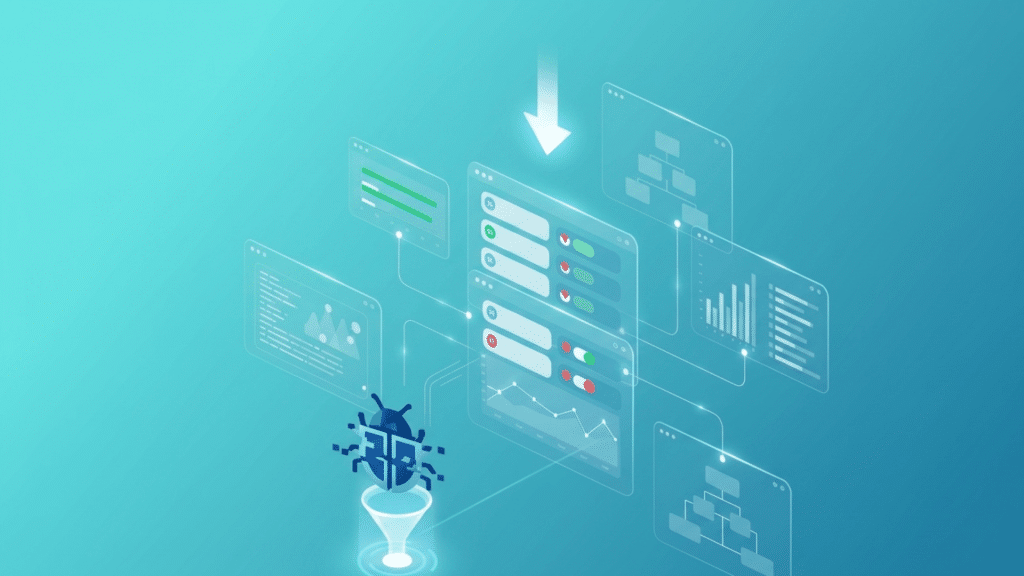 bug tracking dashboard with workflow panels analytics charts and bug resolution funnel illustration