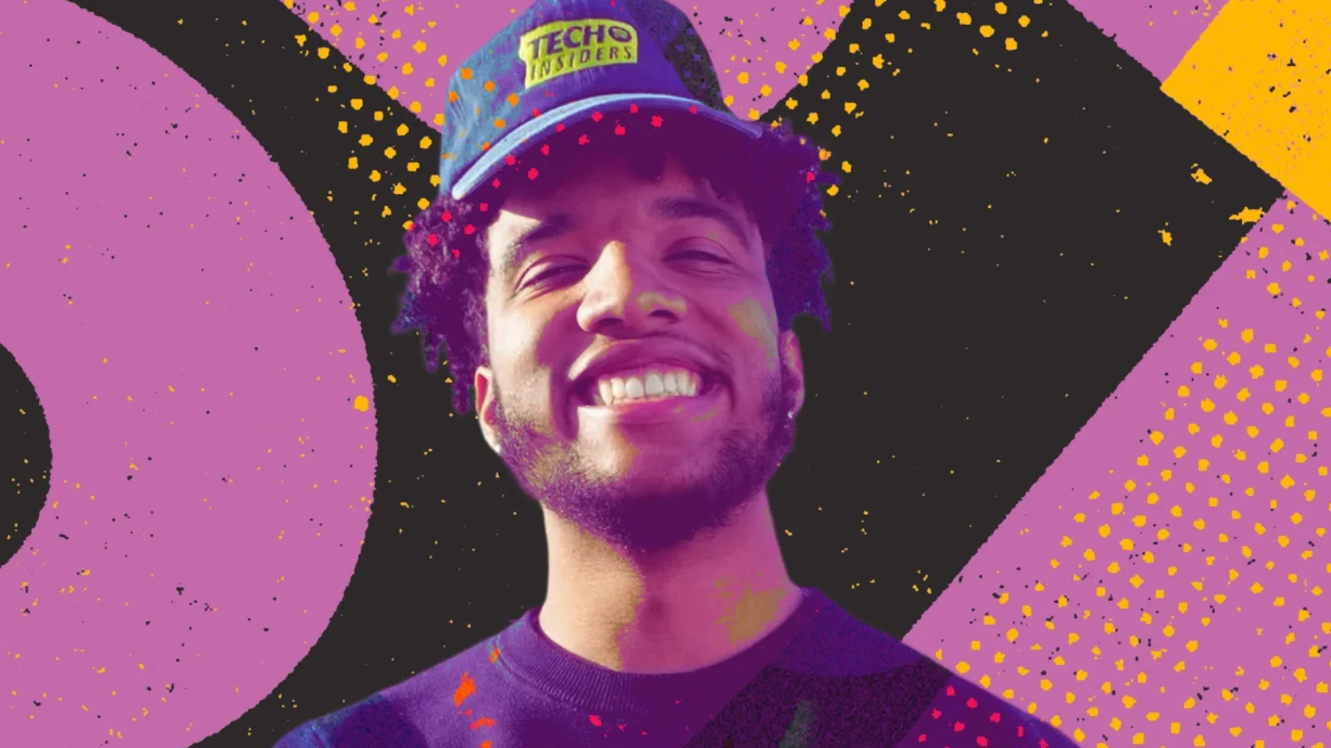 Carter Smith smiling in a cap against a colorful graphic background