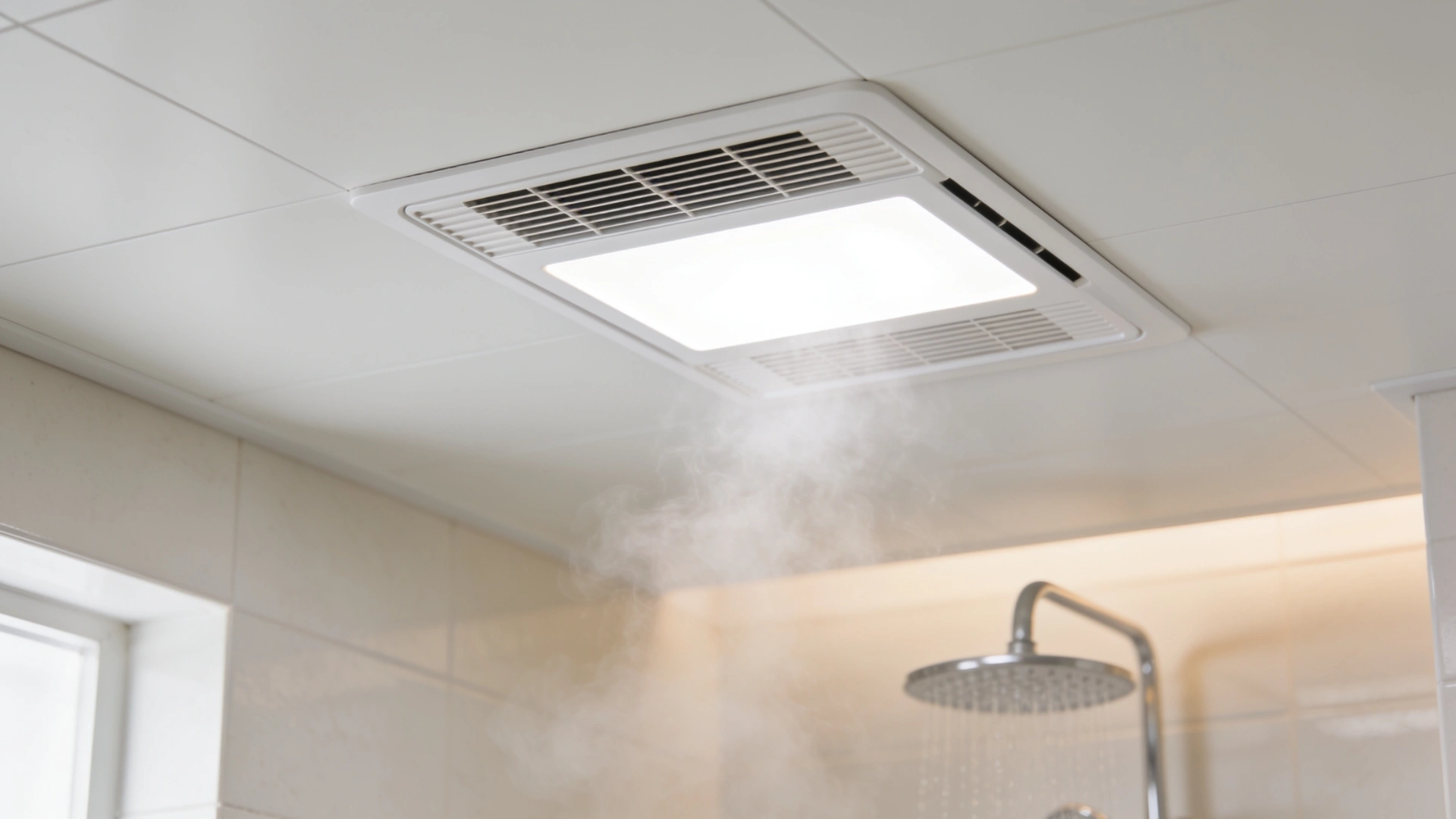 Ceiling-mounted humidity-sensing bathroom exhaust fan in a steamy bathroom with minimal grille design