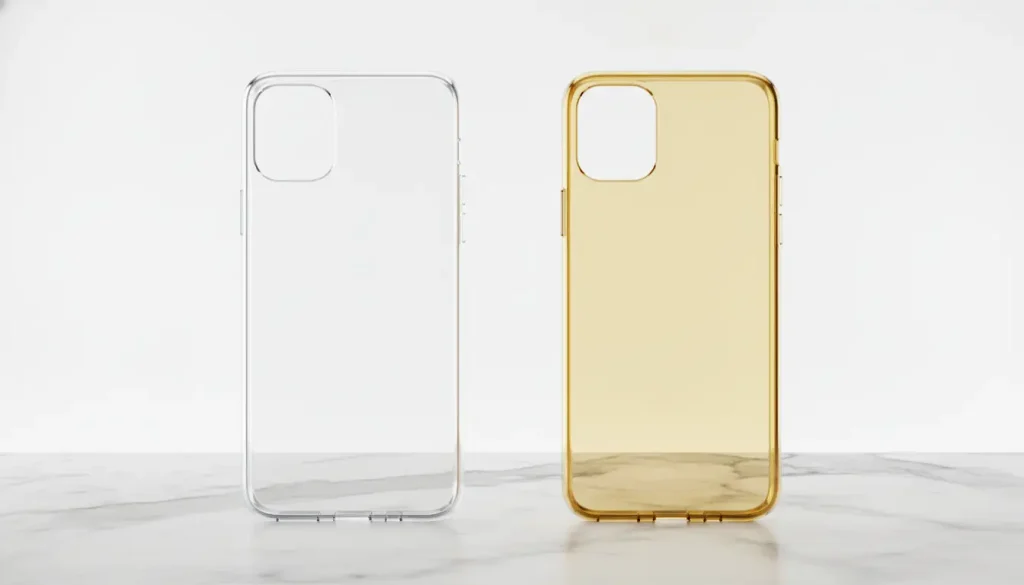 Two smartphone cases in clear and gold on marble surface