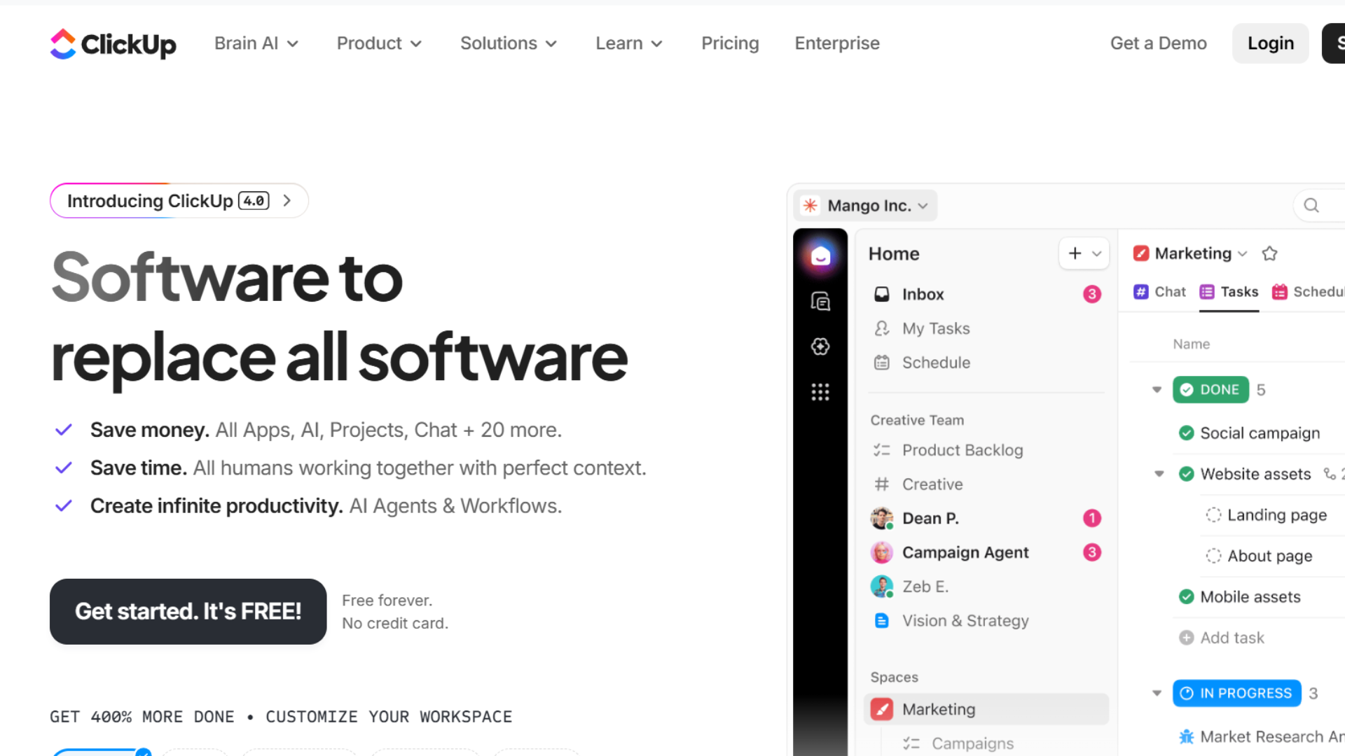 clickup homepage showcasing project management and team productivity software