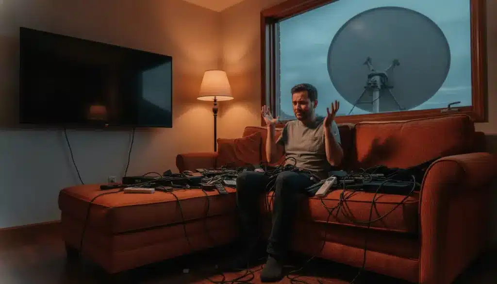 Man sitting on sofa with tangled cables and electronics, large satellite dish outside window