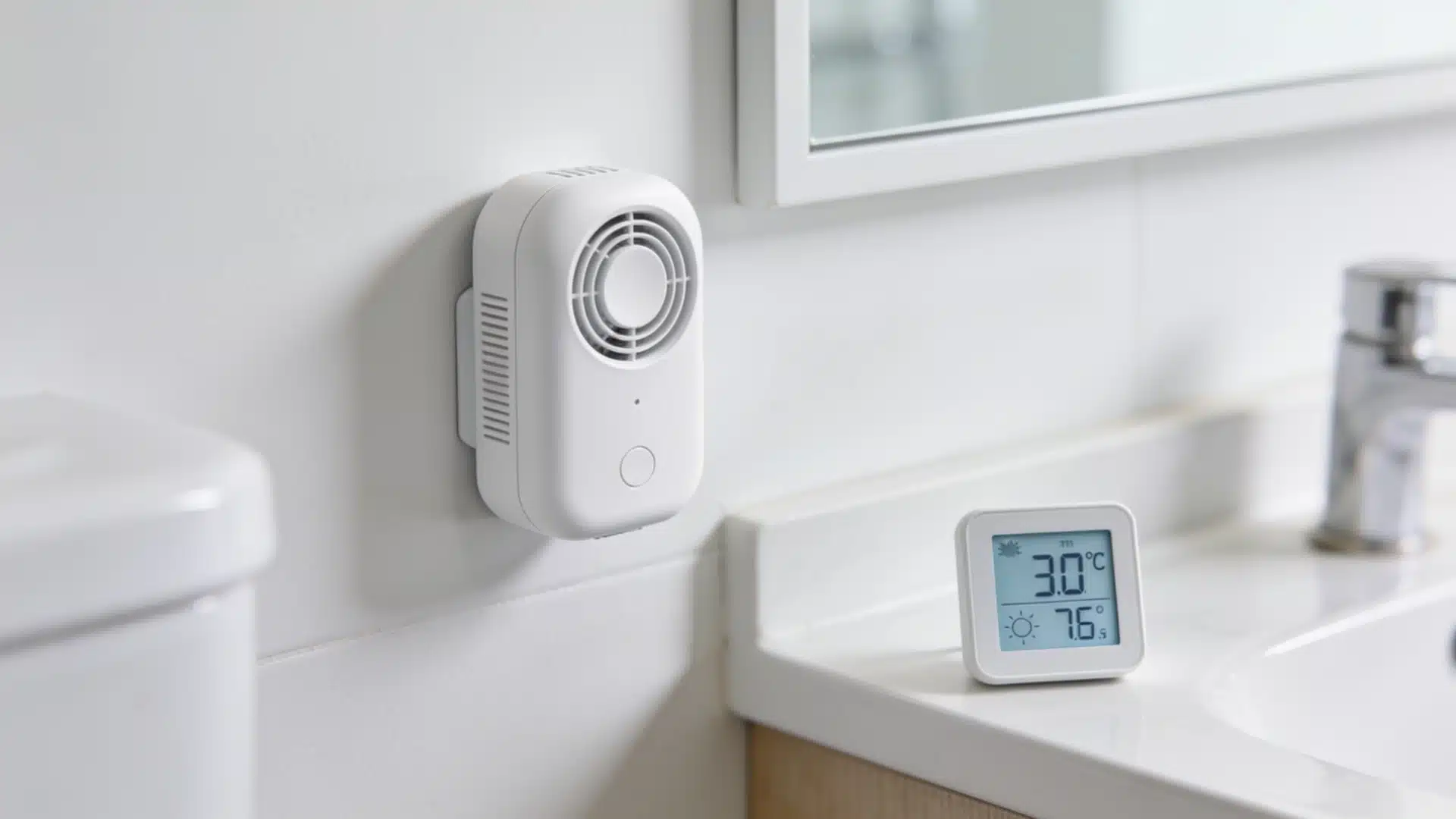Compact bathroom air quality monitor on wall near vanity displaying humidity and temperature readings