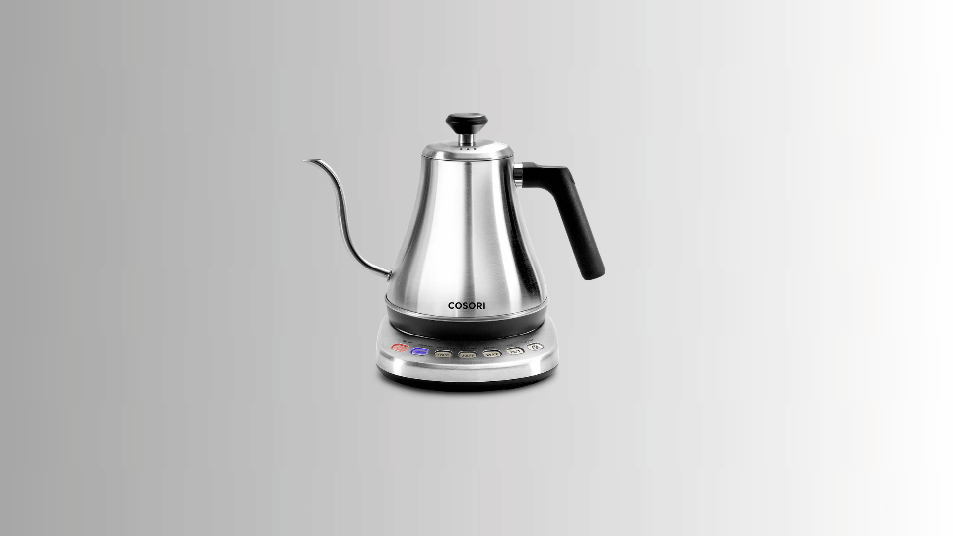 cosori stainless steel gooseneck electric kettle with temperature control base and preset heating buttons