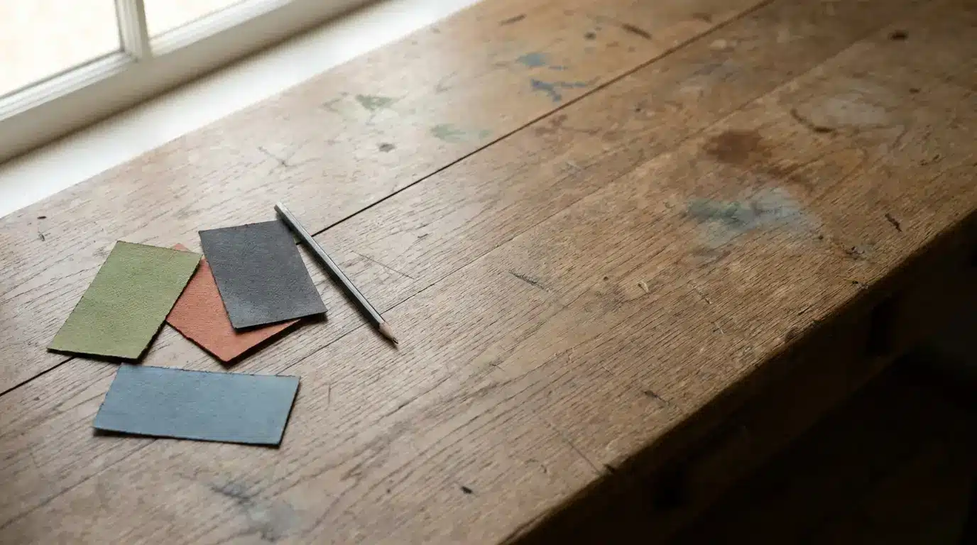 Color swatches and pencil on rustic wooden table by a window