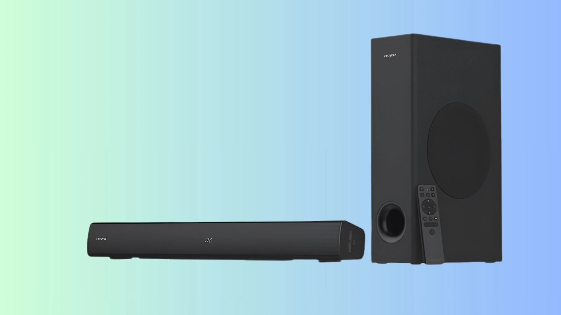 Creative Stage V2 soundbar with subwoofer and remote on a soft blue background for gaming and TV audio