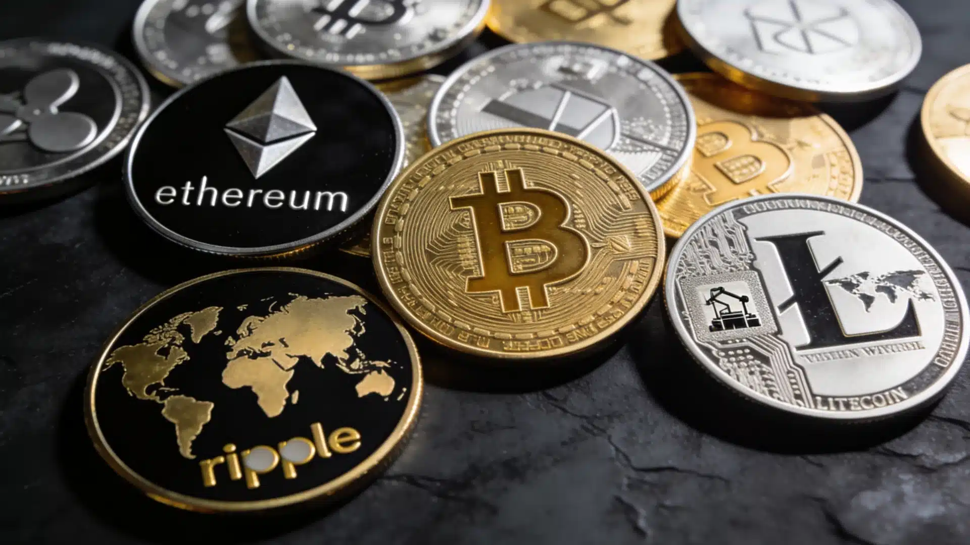 Cryptocurrency coins including Bitcoin, Ethereum, Ripple and Litecoin