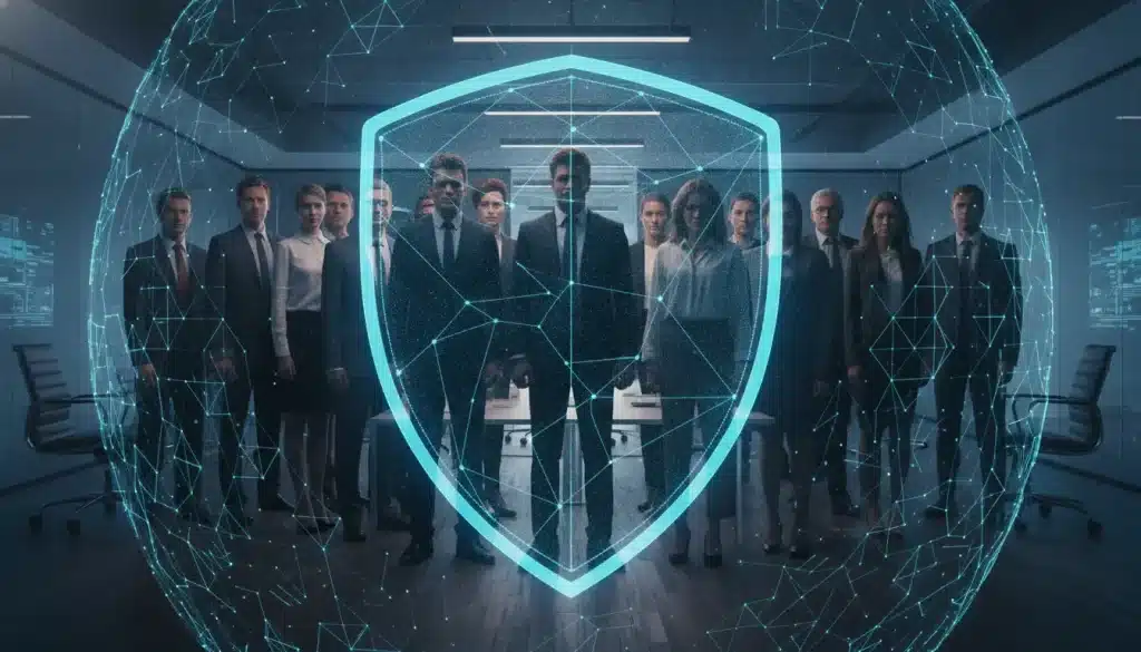 Business professionals standing behind digital shield in modern office with blue network overlay