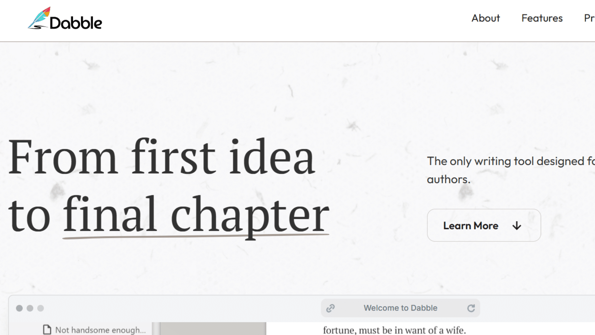 dabble writing software homepage featuring novel planning manuscript organization and cloud based tools for fiction authors