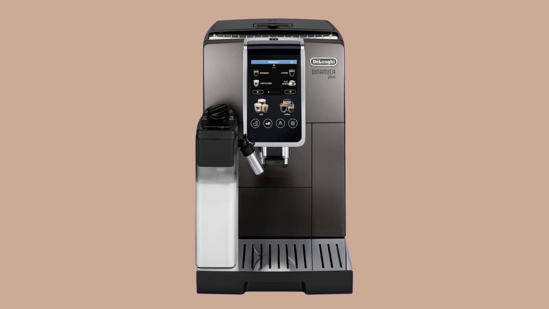 DeLonghi Dinamica Plus automatic coffee machine with milk frother and touchscreen controls
