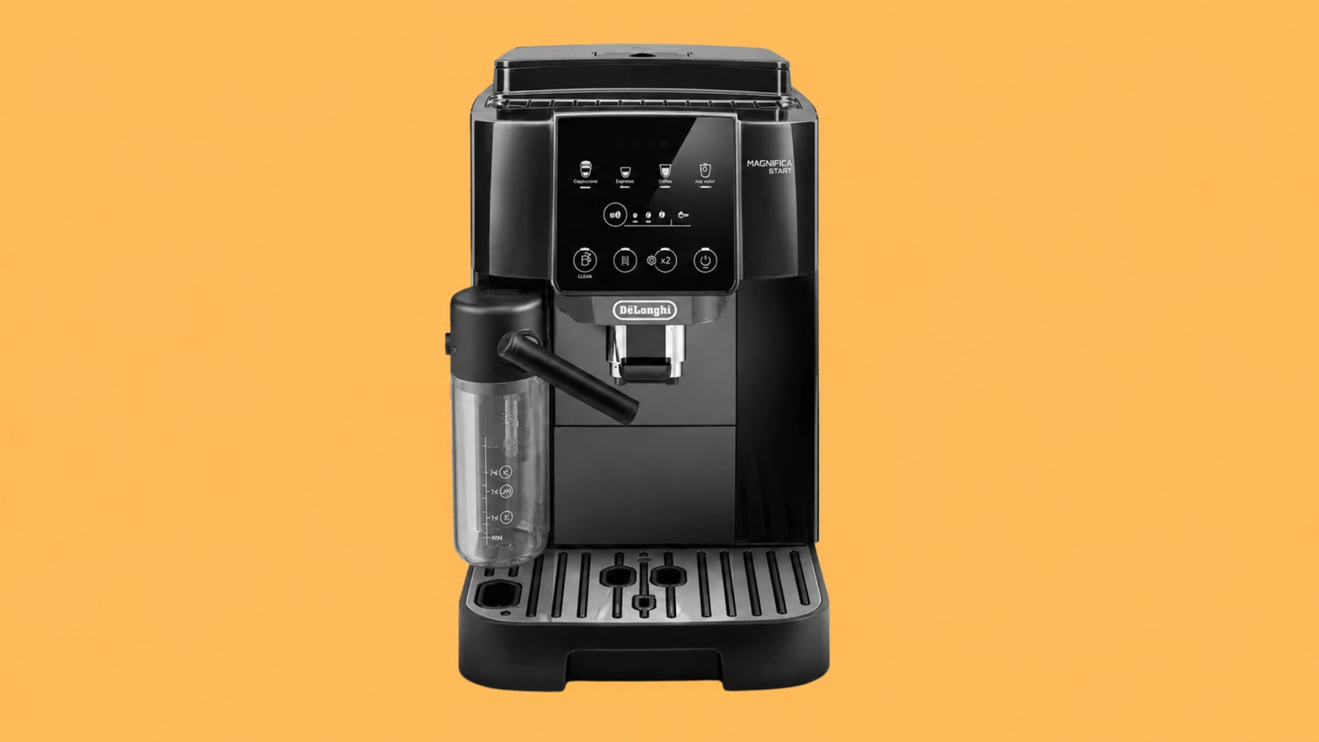 DeLonghi Magnifica Start automatic espresso machine with empty milk container on orange background