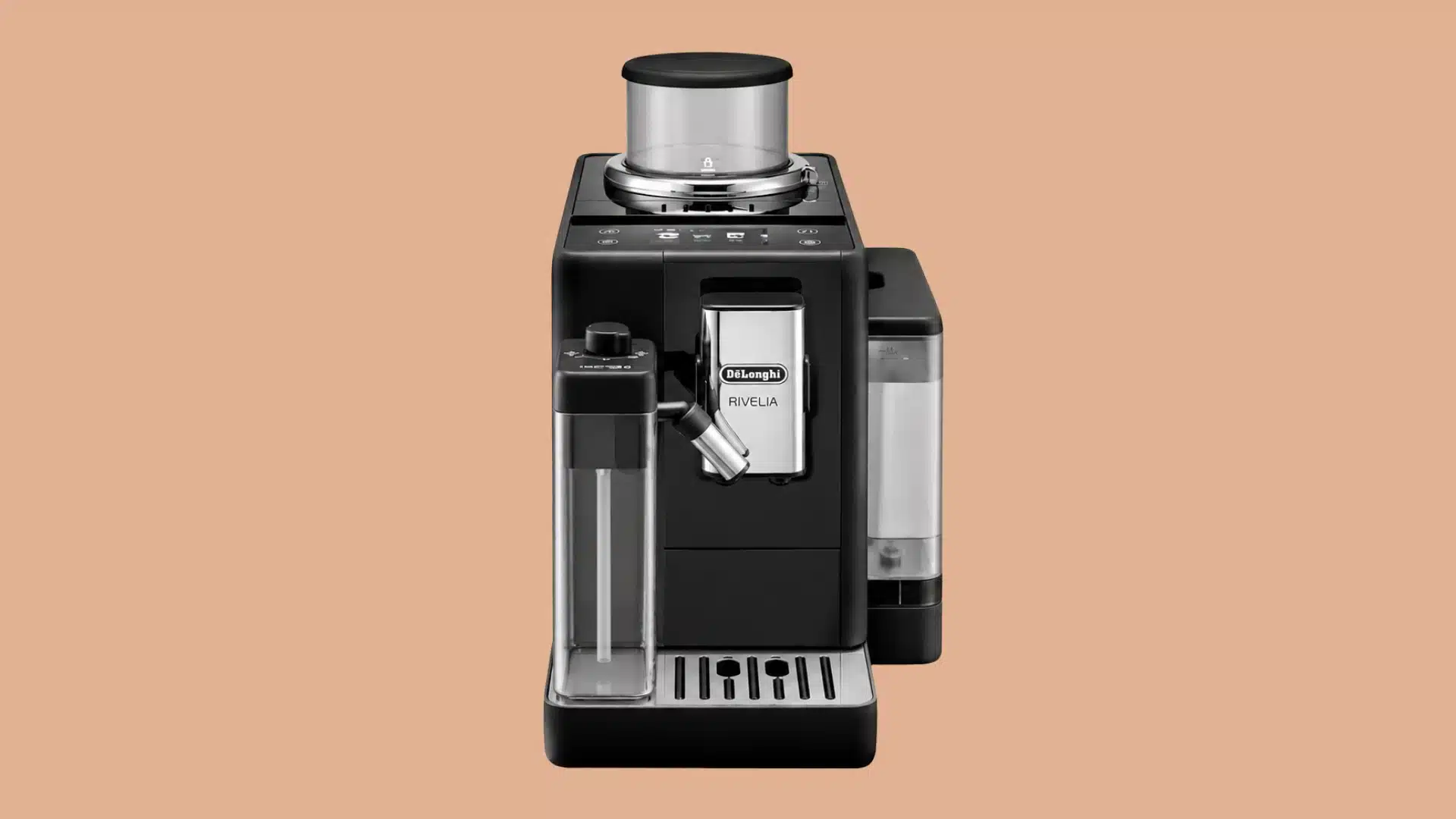 DeLonghi Rivelia espresso machine with empty milk container and bean hopper on yellow background