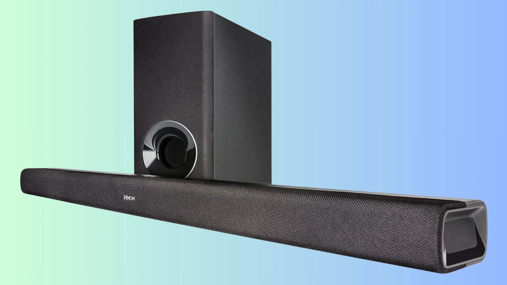Denon DHT-S316 soundbar with wireless subwoofer on a soft blue background for stronger TV bass and sound