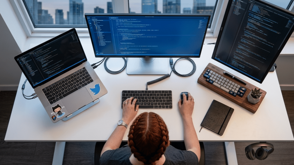 developer working at a desk with multiple screens displaying software code