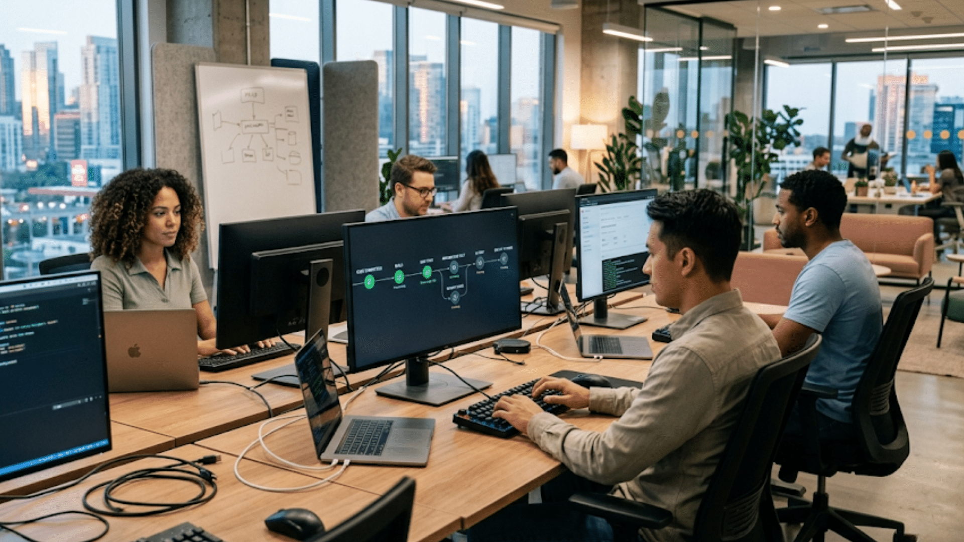 developers collaborating in a modern office with coding screens and software automation workflows