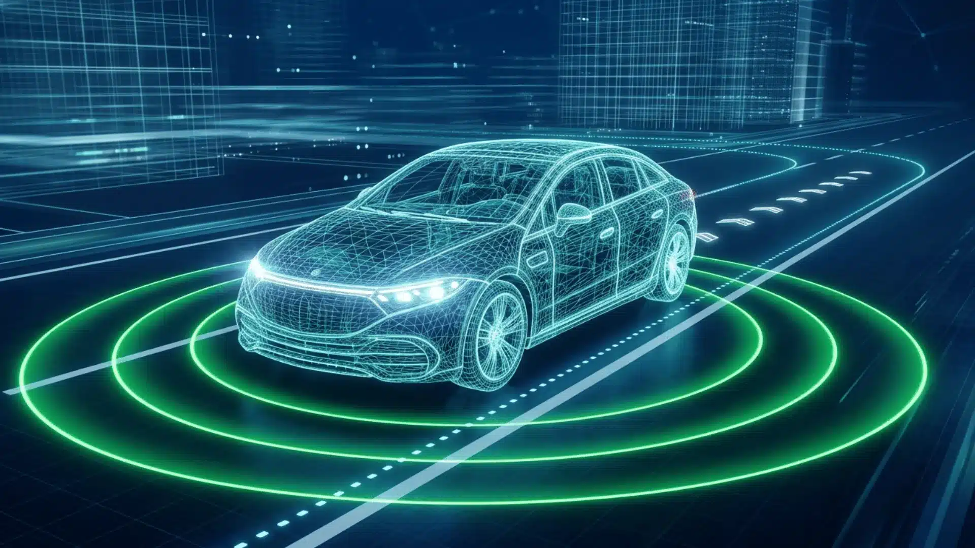 Digital rendering of a self-driving car using sensors and AI navigation on a connected smart roadway