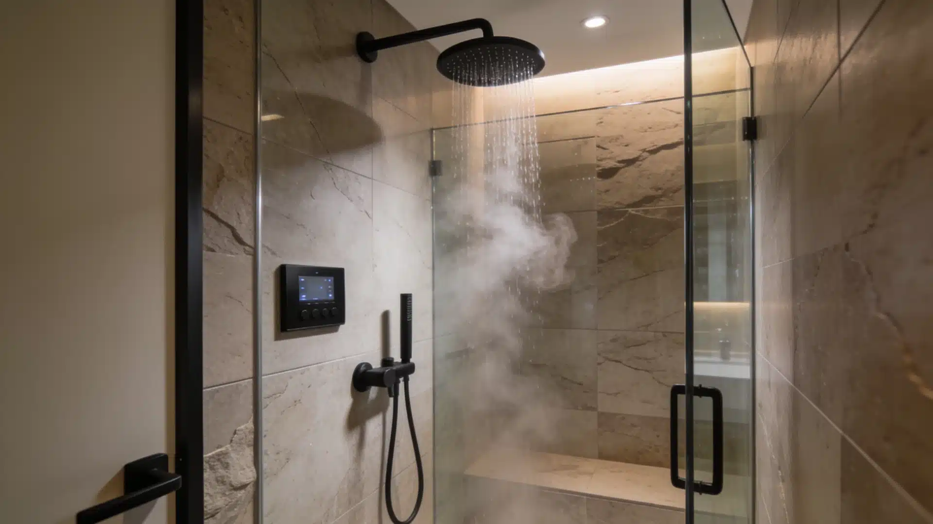 Digital shower system with wall-mounted control panel and matte black fixtures in a glass shower enclosure