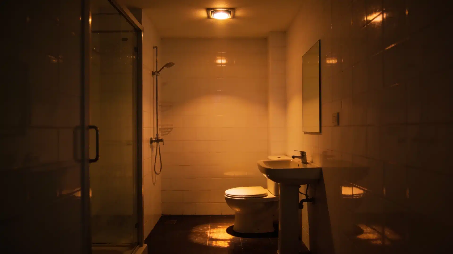 Dimmed smart bathroom lighting at night with warm amber glow on white tile walls and dark floor