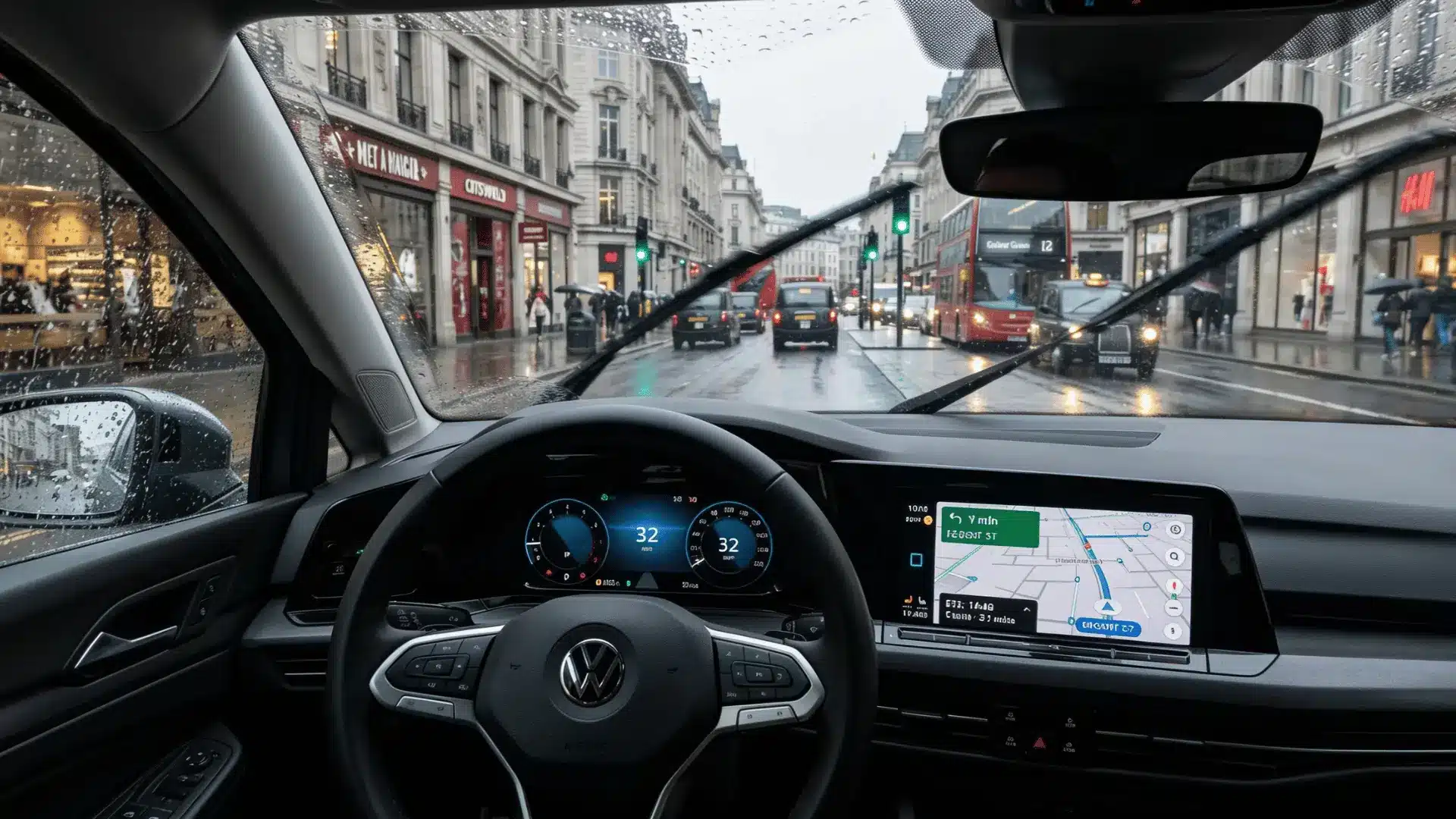 Driver's view through a windshield in rainy city traffic, highlighting navigation and ADAS assistance systems
