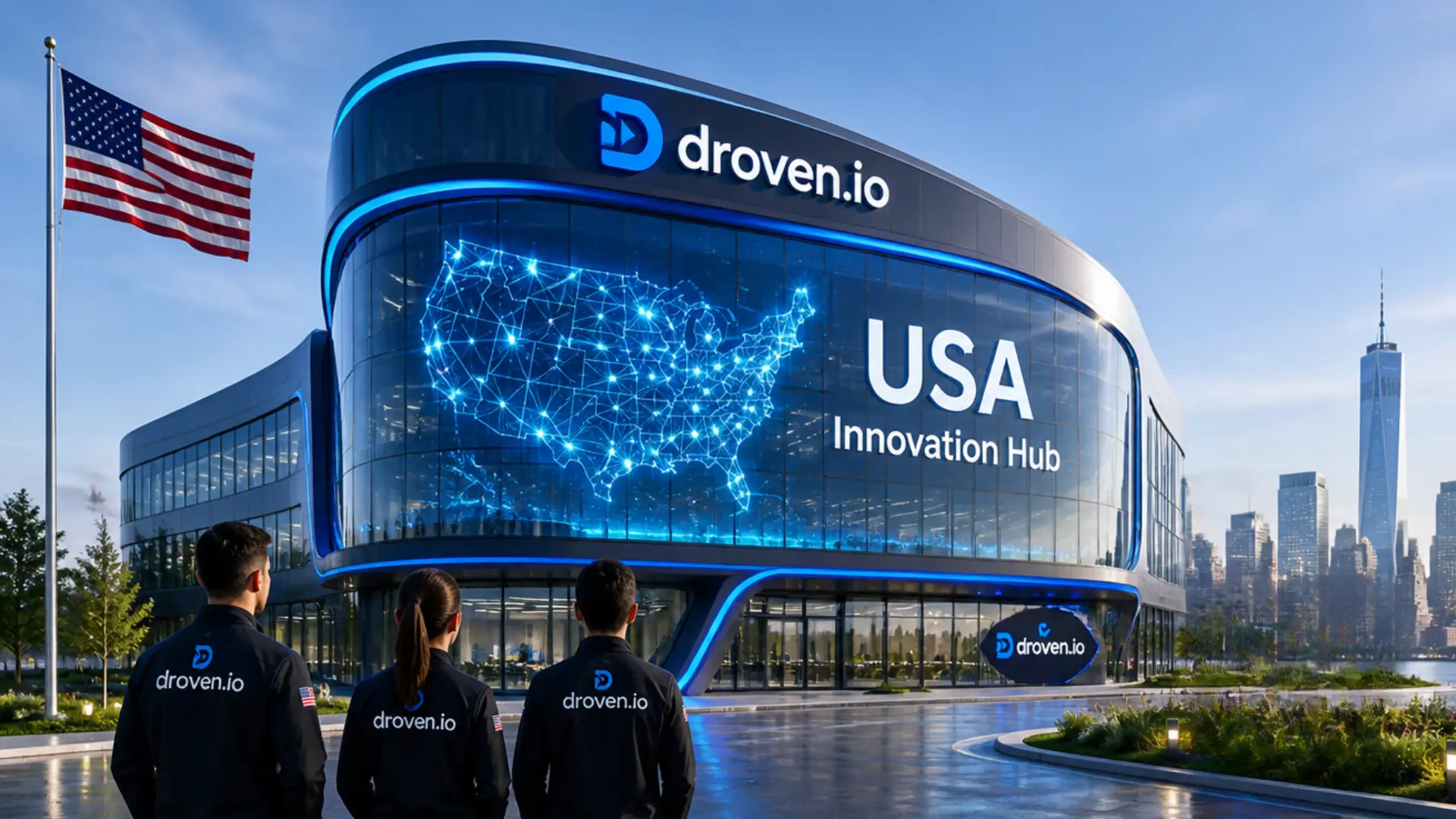 Drove.io USA innovation hub with glowing US map and team outside