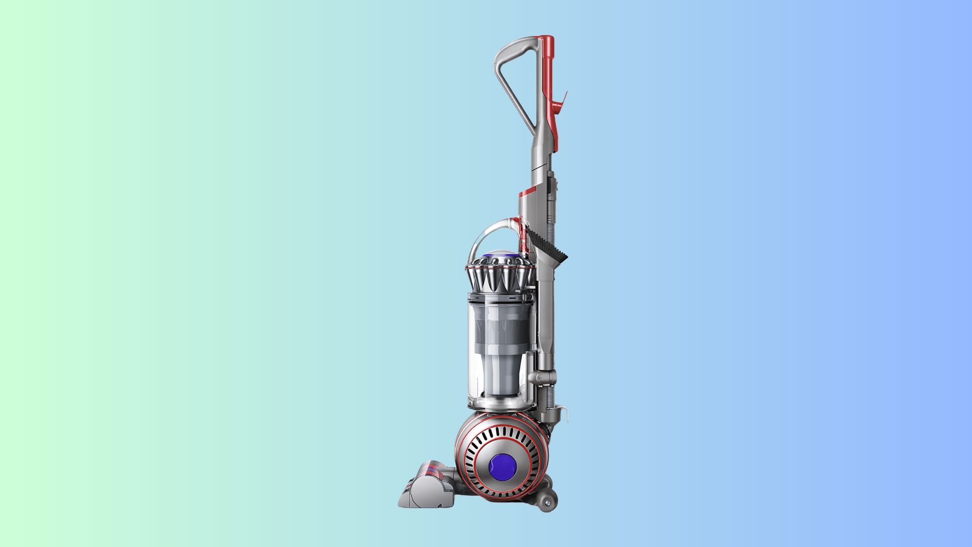 Dyson Ball Animal 3 upright vacuum cleaner with red and gray body on a clean gradient background