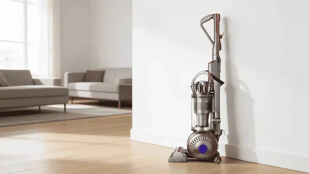 Dyson Ball Animal 3 upright vacuum resting against white wall on hardwood floor