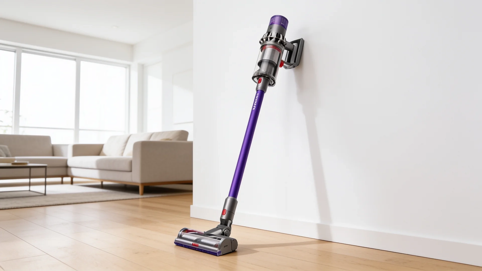 Dyson V11 cordless stick vacuum leaning against a wall in a modern living room on wood floors