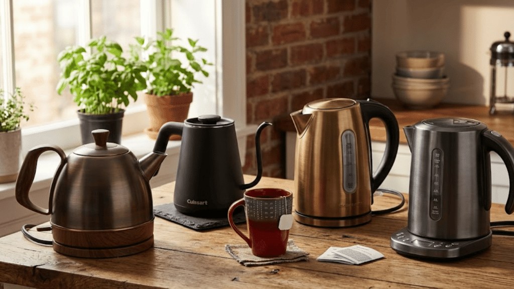 electric kettles and pour over kettles displayed on a wooden kitchen table beside plants mugs and tea accessories