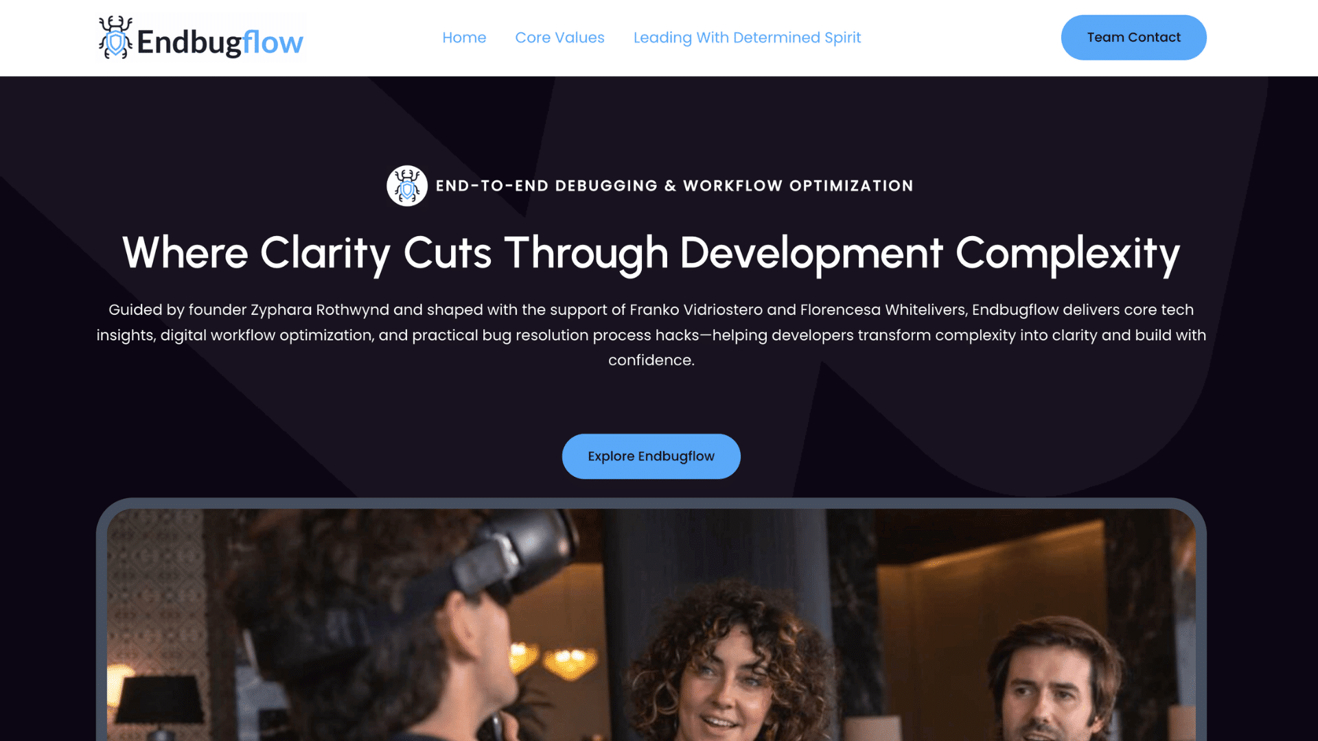 endbugflow website homepage with navigation menu development optimization headline and team collaboration image below