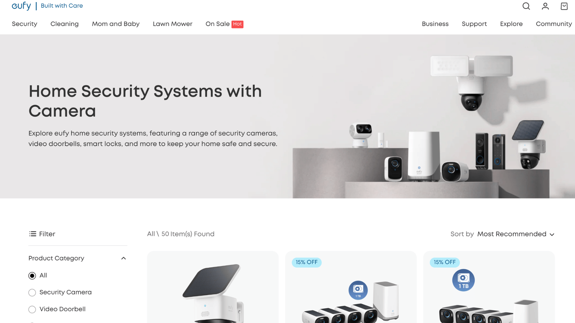 eufy website showing a range of home security systems and cameras with filters to sort through fifty products