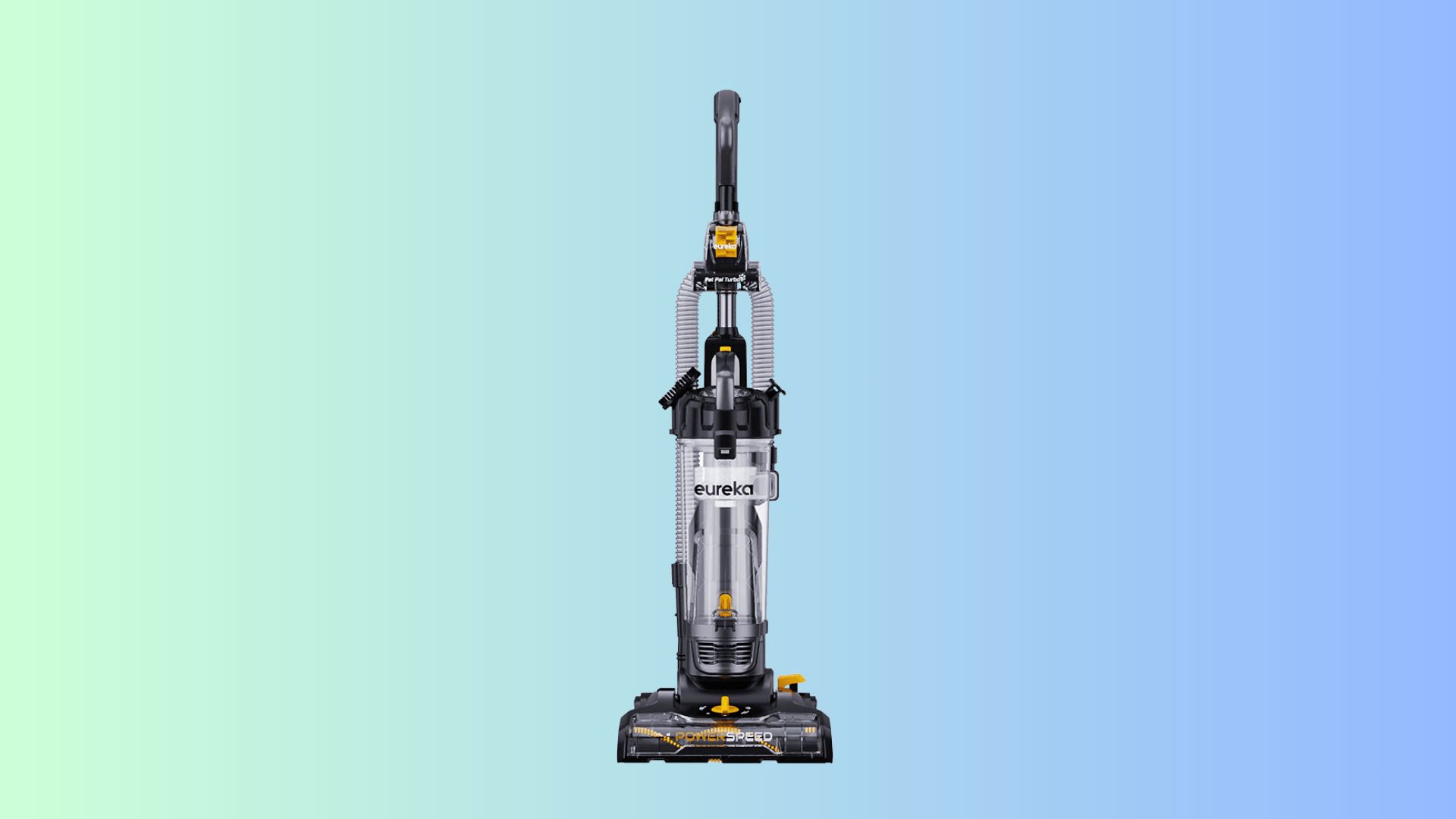 Eureka PowerSpeed upright vacuum cleaner with lightweight bagless body on a clean gradient background
